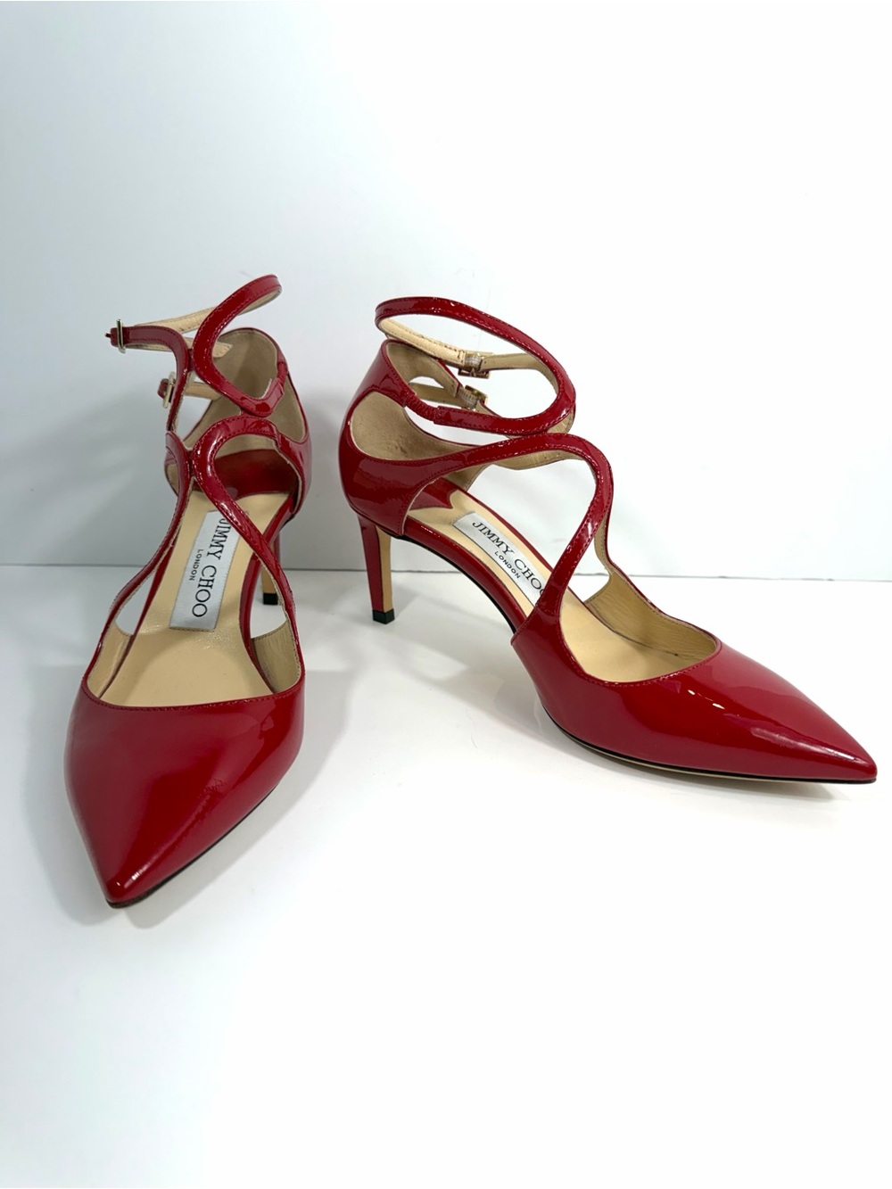 Jimmy Choo Red Patent Leather Strappy Pointed Toe Pumps - Size 36 - Picture 3 of 13